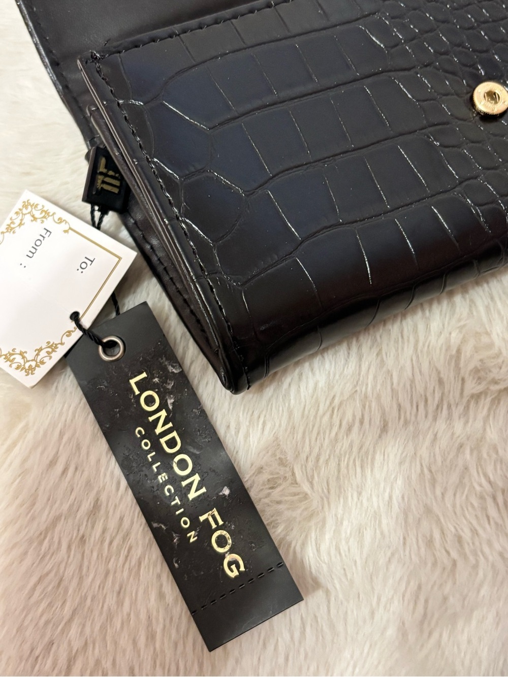 London Fog Black Croc-Embossed Clutch with Gold Logo Plaque - Picture 4 of 5